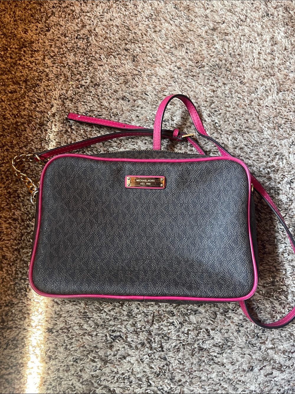 Michael Kors Charcoal Crossbody with Hot Pink Trim